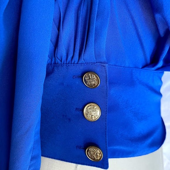 Vintage Royal Blue Pleated Blouse Gold Buttons - Picture 4 of 10
